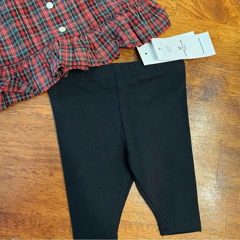NWT Ralph Lauren Festive Red Black plaid set shirt leggings size 3 months